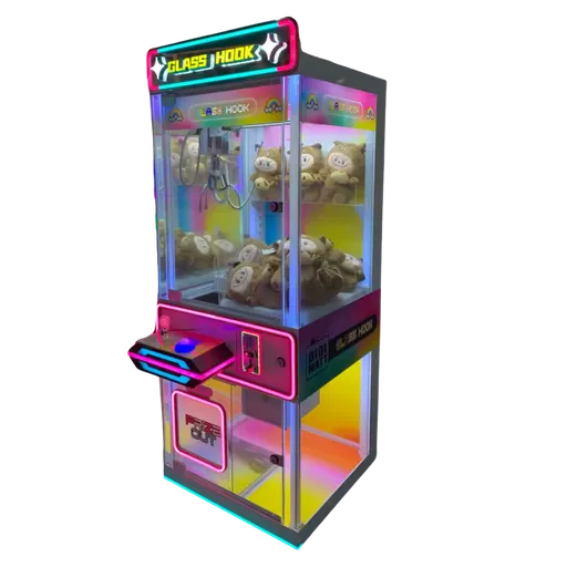 Máquina de gancho con peluches e iluminación LED, vista en ángulo de 45° desde la izquierda