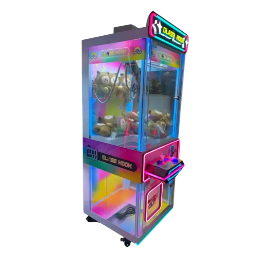 Máquina de gancho con peluches e iluminación LED, vista en ángulo de 45° desde la derecha